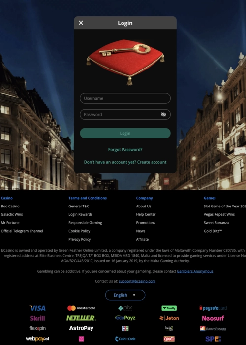 Member authentication entry screen BCasino